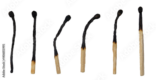 Isolated set of burnt matches on white background