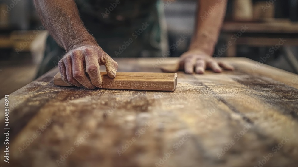 Carpenter sanding down a wooden table surface. Featuring sanding Carpenter sanding down a wooden table surface. Featuring sanding
