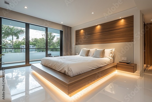 Modern bedroom with platform bed, wood accent wall, under-bed lighting, large glass doors, sleek minimalist decor, peaceful luxury retreat.