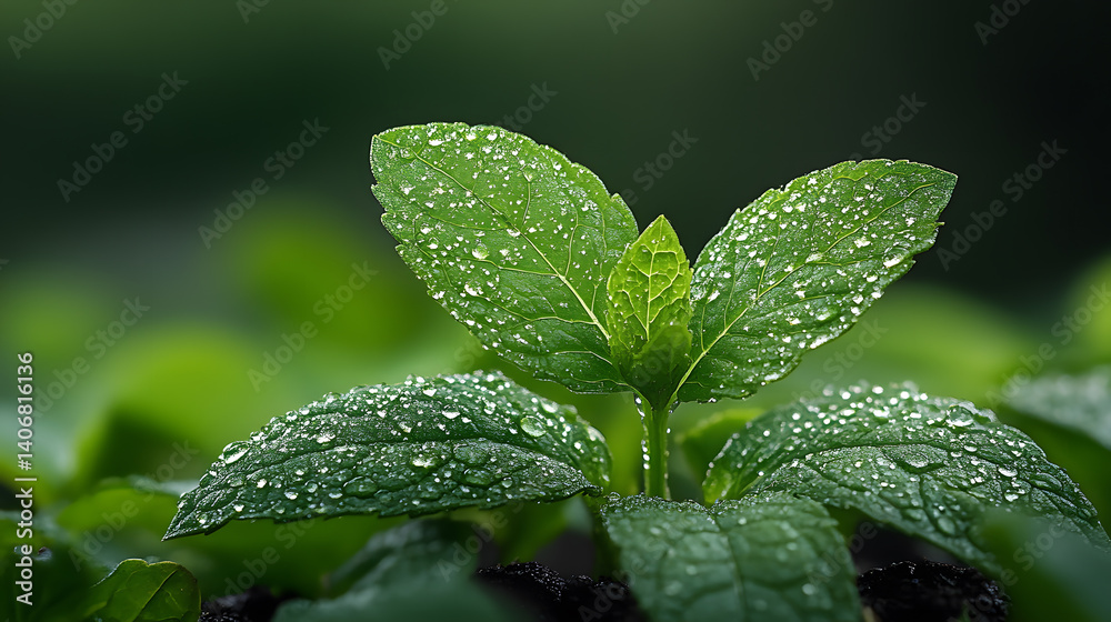 A richly detailed photography of a garden mint plant, its vibrant green leaves glistening with freshness, emphasizing its texture and aroma.