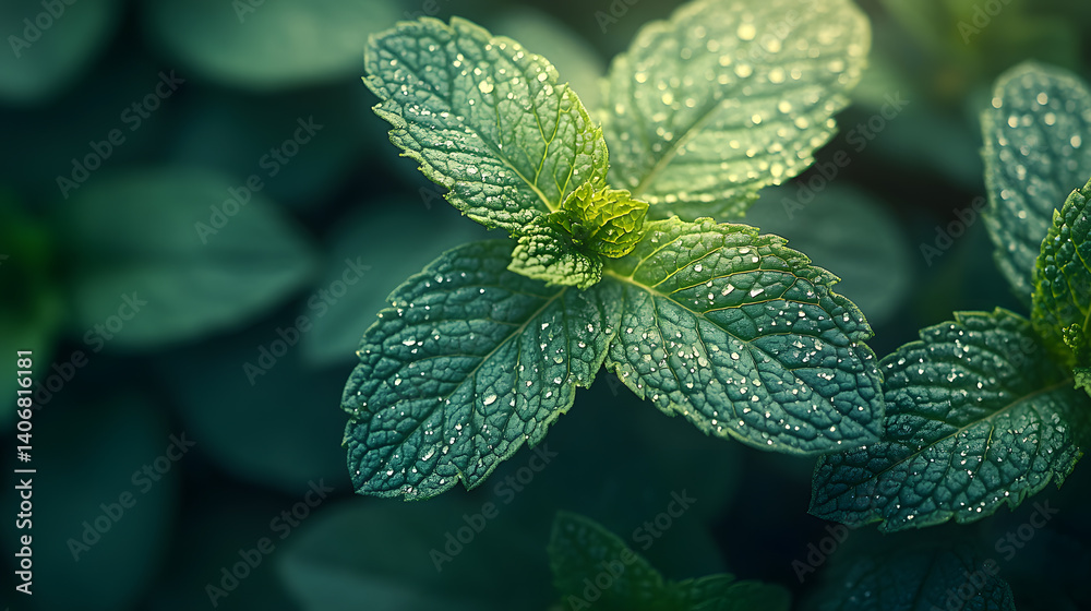 A richly detailed photography of a garden mint plant, its vibrant green leaves glistening with freshness, emphasizing its texture and aroma.