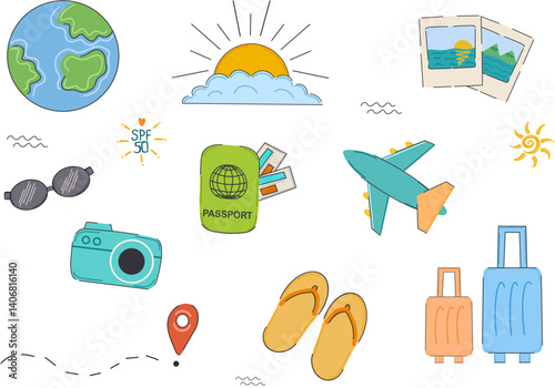 Set of travel icons in hand drawn, doodle style. Vacation elements. Summer holiday.