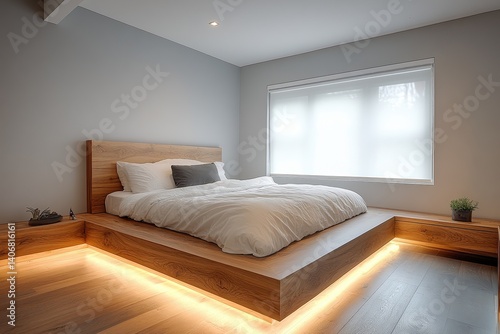Minimalist bedroom with platform bed, wood frame, warm under-bed lighting, soft gray walls, large window flooding room with daylight.