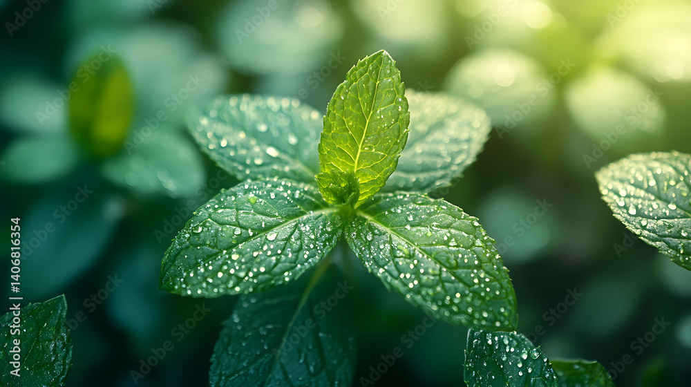 A richly detailed photography of a garden mint plant, its vibrant green leaves glistening with freshness, emphasizing its texture and aroma.