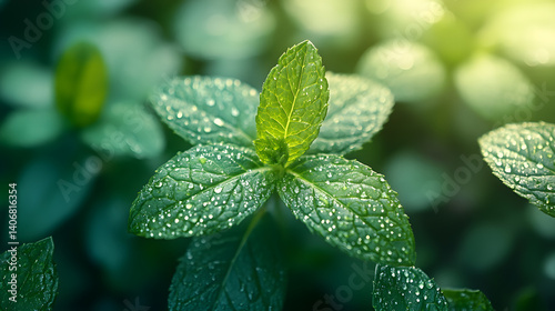 Obraz na płótnie A richly detailed photography of a garden mint plant, its vibrant green leaves glistening with freshness, emphasizing its texture and aroma. w salonie