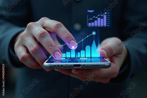 Close-up of a hand swiping through floating holographic charts, tech UI concept