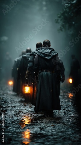 Teutonic Knights Carrying Comrade’s Coffin in Rainy Forest with Torches and Somber Atmosphere
