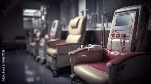 Interior of a modern dialysis center with medical equipment ready for use