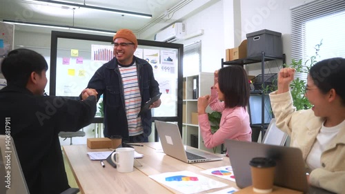 Happy diverse group Asian business start up freelance team analyzing statistics financial. Group Team of business people meeting conference discussion various topic corporate concept in office.