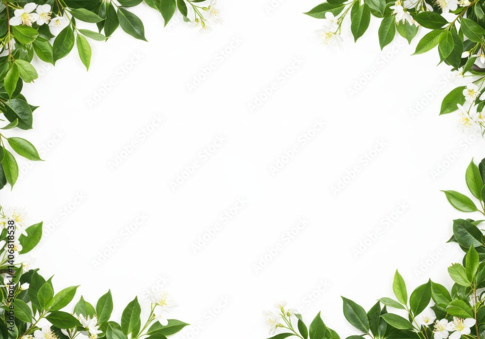 Fototapeta premium Green leaves and white flowers border frame on a white background minimalist style top view flat lay design