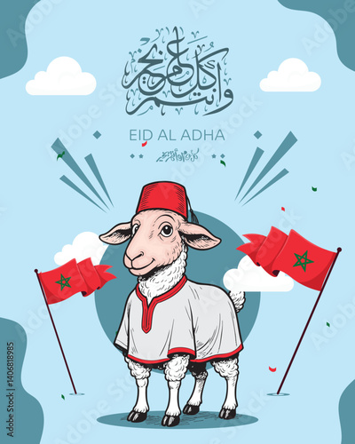 Cartoon Moroccan sheep wearing traditional clothes and red fez, standing with Moroccan flags under Arabic Eid al-Adha greetings. Cultural and festive vector set for social media and print