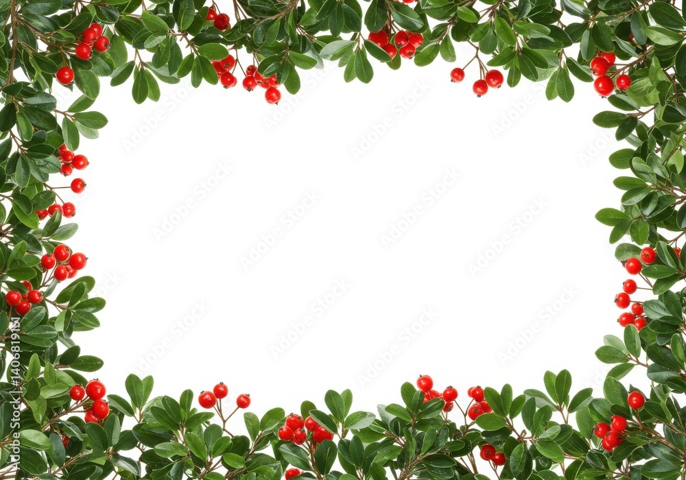 Frame made of green leaves and bright red berries on a white background creating a border effect Frame made of green leaves and bright red berries on a white background creating a border effect
