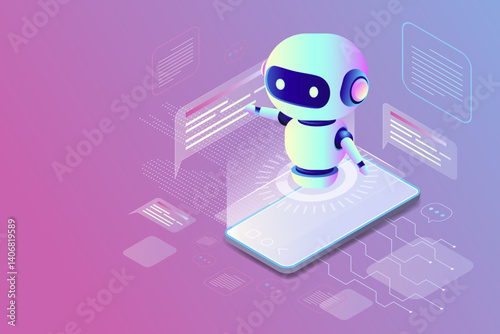 Obraz na płótnie Isometric view of a smartphone and chatbot on purple technological background. Ideal for technology designs. Abstract digital device interface technology. 3D mobile phone and robot, isometric view. w salonie