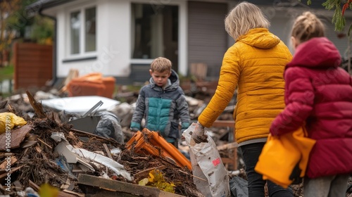 Family cleaning debris after a flood near house in neighborhood disaster