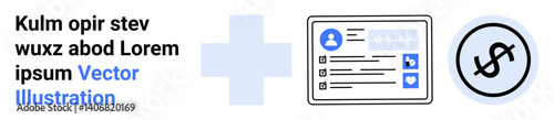 Medical profile card, blue cross icon, and dollar sign convey healthcare, insurance, budgeting, access, payment, policy understanding. Ideal for finance hospital consultation simple landing page