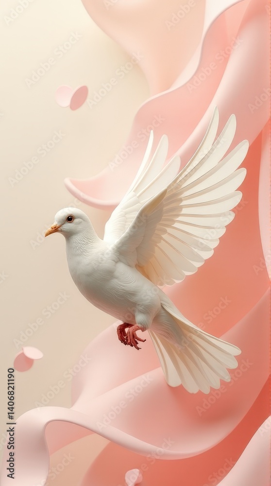 Obraz premium White dove in flight against soft pink silk background with petals. pentecost background
