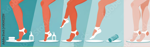 Illustrationof-legs-feet-with-white-socks-on-circular-platforms-with-towels-lotions-and-a-cylinder-object_background-color-transitions