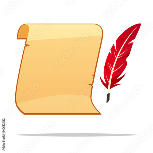 Parchment paper with quill pen vector isolated illustration