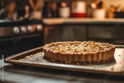Baked tart on a metal sheet in a kitchen. photo