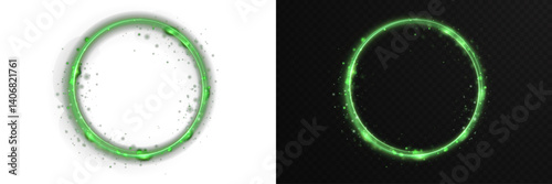 Light trail curve draws a luminous green motion ring. Glowing circle spins with soft radiant stardust texture. Speed line twirl reflects glowing fire and energy. Light ring dances like heatwave