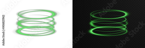 Light trail curve draws a luminous green motion ring. Glowing circle spins with soft radiant stardust texture. Speed line twirl reflects glowing fire and energy. Light ring dances like heatwave