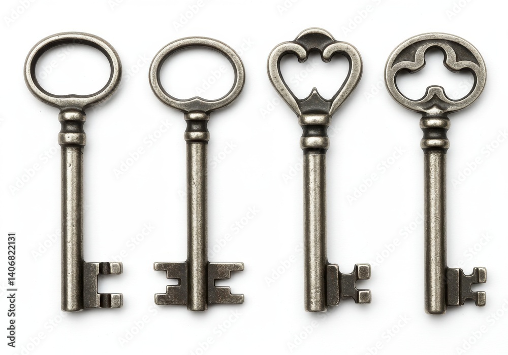 Four antique metal keys with different designs arranged in a row on a white background studio shot Four antique metal keys with different designs arranged in a row on a white background studio shot