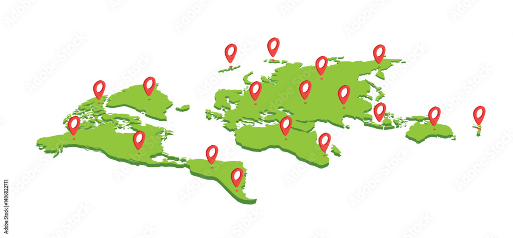 Obraz premium Isometric World with pin map infographic, infochart business. World map with pointer mark. world map with red pin isolated on white background.