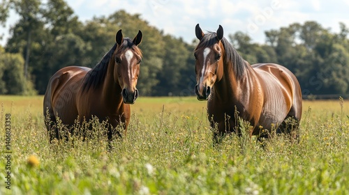 Two brown horses graze pasture field summer