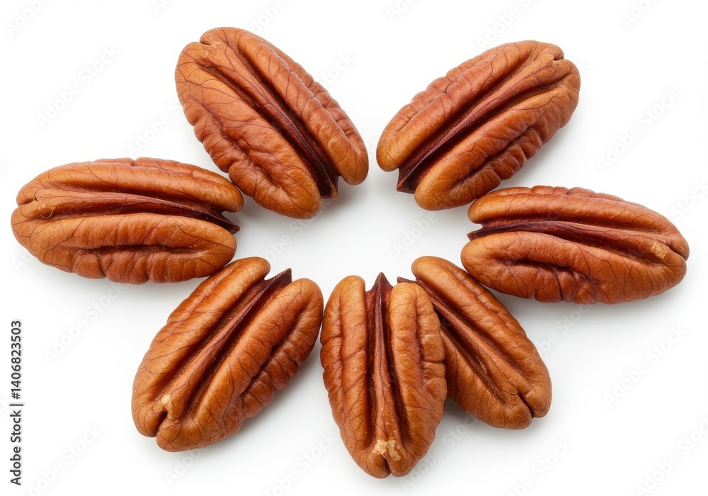 A circular arrangement of seven pecan halves on a white background in a studio shot close up view A circular arrangement of seven pecan halves on a white background in a studio shot close up view