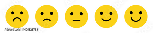 Simple feedback emoji vector icons set. Emotional rating faces from sad to happy. Yellow smileys collection. Customer satisfaction evaluation design. Vector illustration.