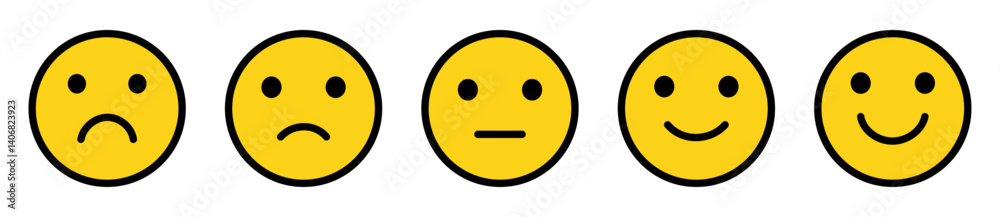 Fototapeta premium Simple feedback emoji vector set. Emotional rating faces from sad to happy. Yellow smileys with bold outlines user experience survey icons. Customer satisfaction evaluation design. Vector illustration