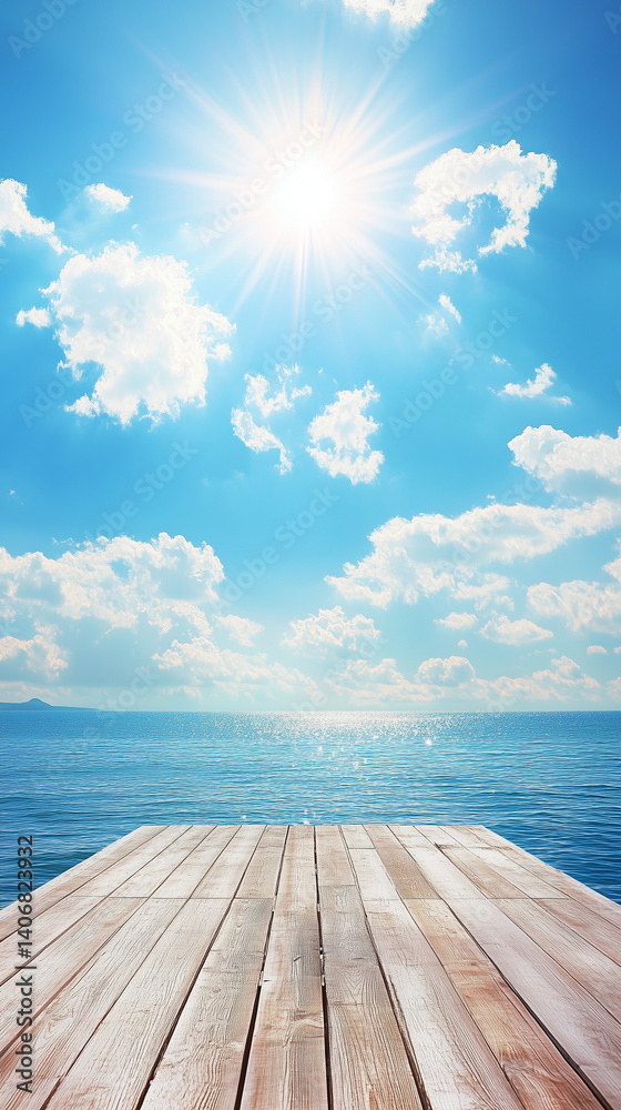 Obraz premium Sunlit boardwalk leading to the ocean, warm wooden textures and bright summer sky 