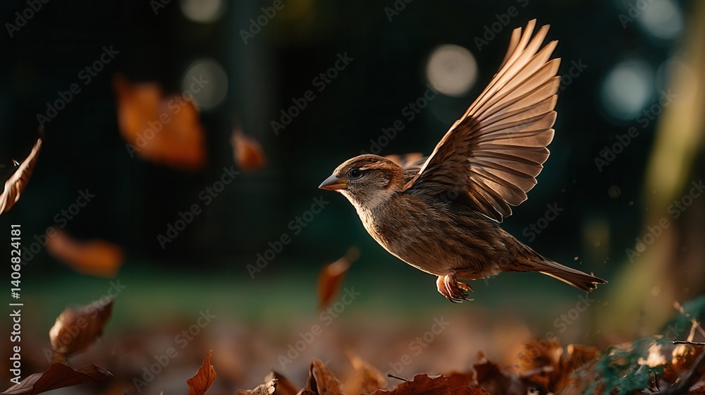 Fototapeta premium Graceful sparrow flying with outstretched wings in autumn garden