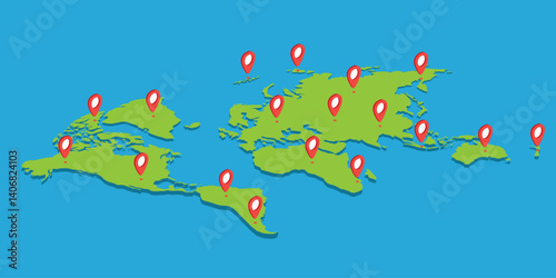 Isometric World pin map infographic, infochart business. World map with pointer mark. world map with red pin isolated on blue background.