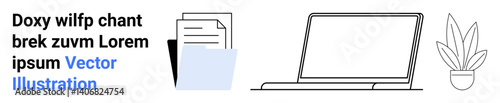 Laptop alongside documents in a folder and a potted plant signifying productivity and organization. Ideal for work, study, minimalism, office themes, digital focus, workflow, flat landing page banner