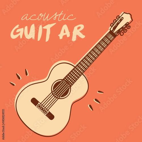 Bold vector illustration of a acoustic guitar on a vivid orange background with expressive lines and hand-drawn text. Ideal for music education and creative graphic design projects