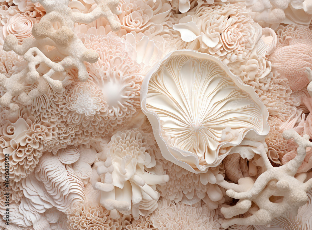 A close-up view of a large, detailed paper art piece, resembling a coral reef or a stylized botanical garden, with varied textures and soft pastel tones.