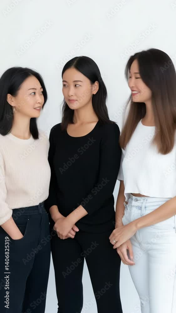 Three women are posing for a photo, with one wearing a white shirt and ...