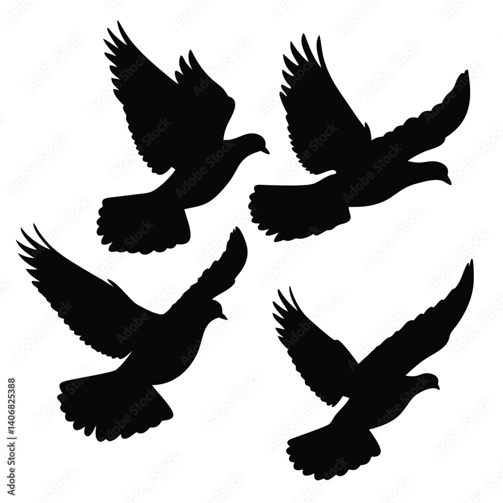 Four Birds Silhouette Flying with Wings Spread on Transparent Background Four Birds Silhouette Flying with Wings Spread on Transparent Background