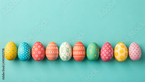 A cheerful row of vibrantly painted Easter eggs celebrating spring's arrival against a pastel teal backdrop.