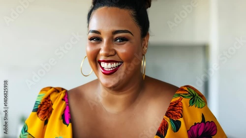 A woman with a big bust is smiling and wearing a floral print dress. She is posing for a picture and she is happy