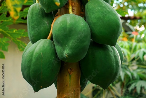 unripe papaya fruit still attached to the tree, showcasing its vibrant green color.
