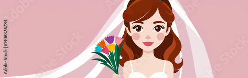 Animated_bride_with_brown_hair_and_veil_holds_colorful_bouquet_on_pink_background-she_wears_white_dress_and_red_lipstick-bright_and_cheerful_image