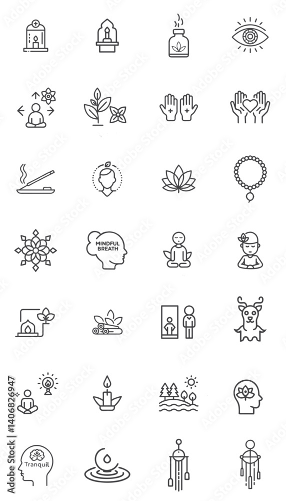 Meditation and Spirituality Line Icons Set for Wellness Blogs, Yoga Websites, Alternative Medicine Apps, Mindfulness Social Media Posts and Holistic Health Materials Meditation and Spirituality Line Icons Set for Wellness Blogs, Yoga Websites, Alternative Medicine Apps, Mindfulness Social Media Posts and Holistic Health Materials