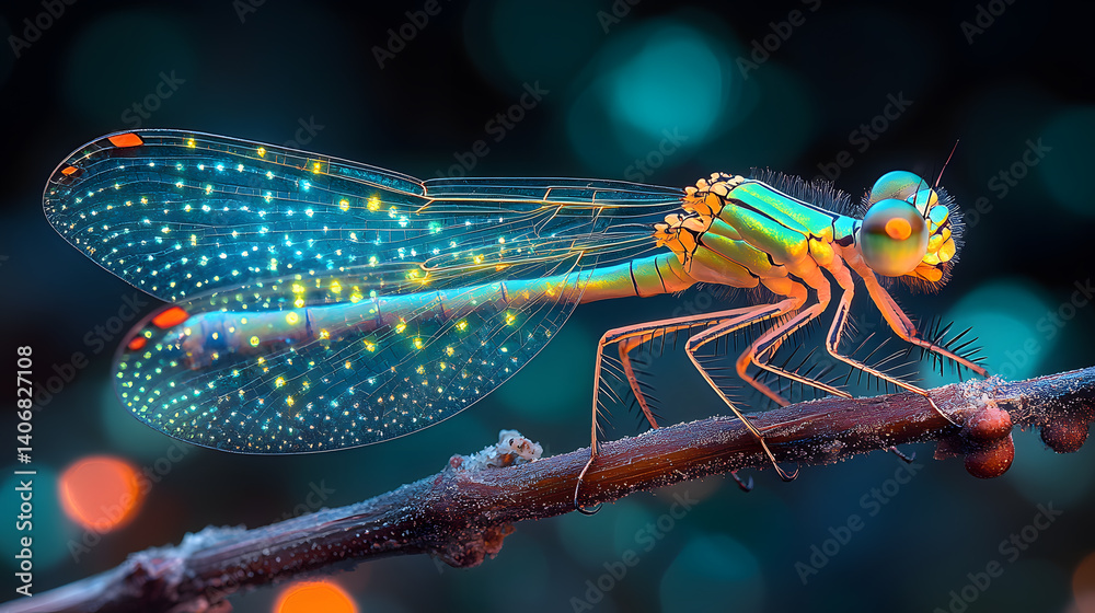 Highly detailed close-up photography of a dragonfly resting on a twig, highlighting its translucent, veined wings and iridescent green and blue body in stunning clarity.