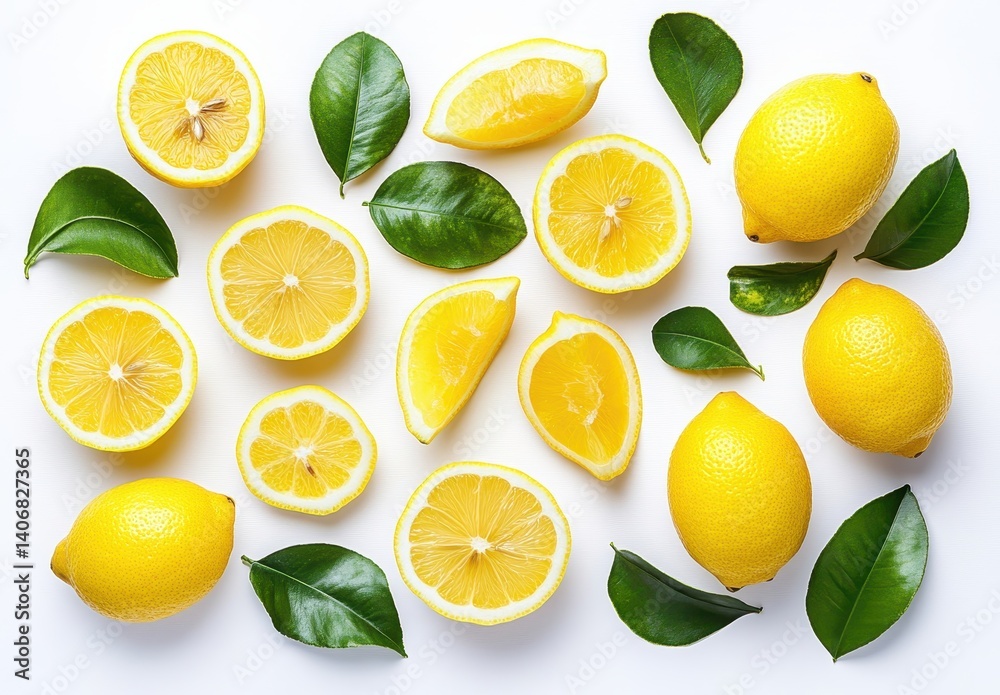 Fototapeta premium Fresh and Bright Lemons and Lemon Slices Arranged with Green Leaves on White Background for Creative Culinary and Health Concepts