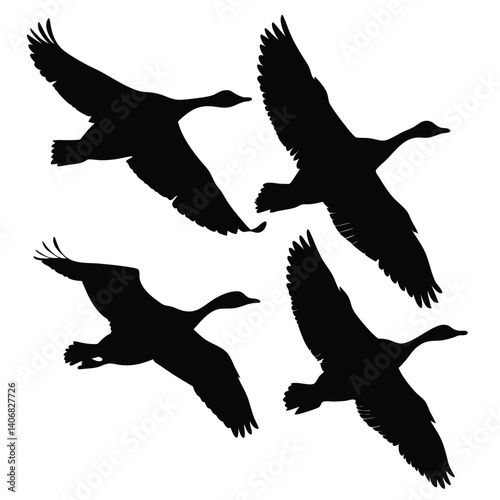 Four Geese in Flight Silhouette, Elegant Birds Flying, Wildlife on Transparent Background