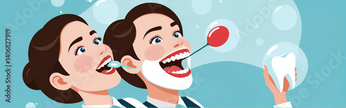 Two_dentists_examining_patients'_teeth_with_tools_-_one_holds_a_mirror_and_the_other_a_lollipop_with_a_tooth_floating_nearby_on_a_blue_background_