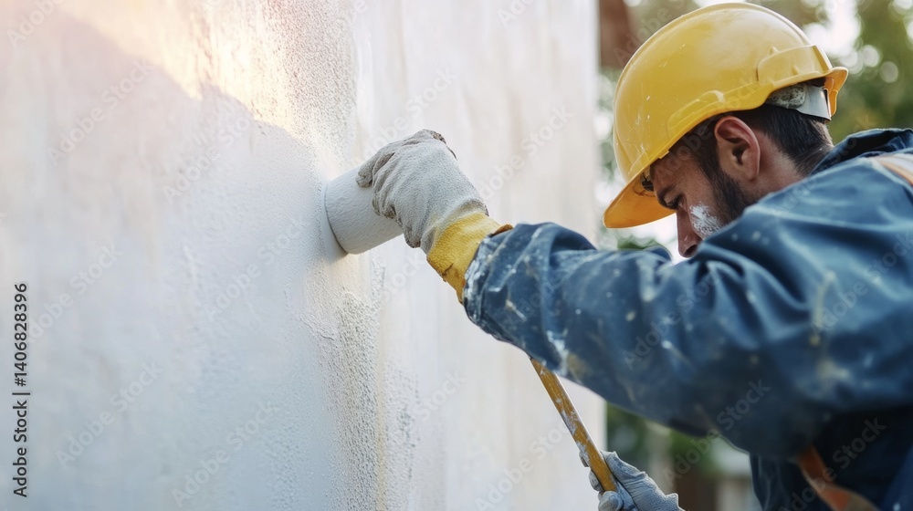 Construction worker applying paint to a wall. Featuring painting skills Construction worker applying paint to a wall. Featuring painting skills