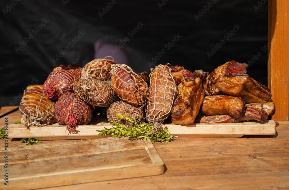 smoked and baked sausage products at a traditional Easter bazaar